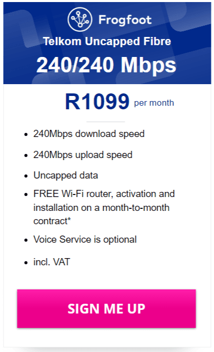 Telkom Frogfoot Fibre 240/240Mbps Package